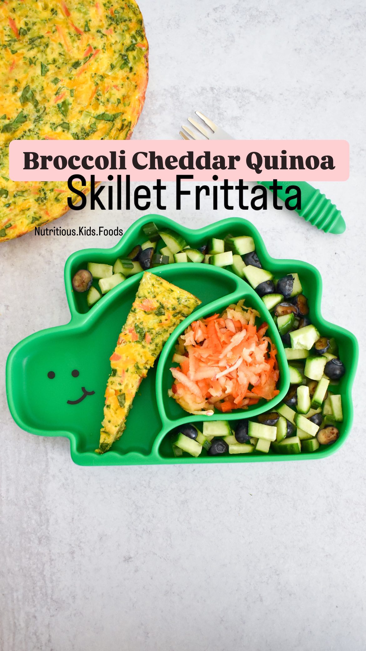 Broccoli Cheddar Quinoa Skillet Frittata...A Dino-Mite meal 🦖😁

Here is a great way to incorporate quinoa into a meal or to help use up any leftover quinoa you might have. It also helps make eating quinoa mess-free, which is always a win! 
Here I used leftover quinoa.
Frittatas are great because they come together quickly and are a great way to use up some vegetables.

My son loves dinosaurs! Served here with shredded apples and shredded carrots along with diced cucumbers and halved blueberries.

Ingredients:
💚8 large eggs
💚1/2 cup milk
💚1 cup cooked quinoa
💚1 cup small diced broccoli
💚1/2 cup shredded carrot
💚1 cup spinach, finely diced
💚1 cup shredded sharp cheddar cheese
💚1/4-1/2 teaspoon salt (depending on your preference), may leave it out for younger children

Instructions:
▪️Preheat the oven to 375F
▪️To a bowl, add the eggs and whisk it with a fork.
▪️Add the milk and whisk to combine.
▪️Add the cooked quinoa, small diced broccoli, shredded carrot, shredded cheese, and finely diced spinach. Also, add the salt (if desired). Mix to combine
▪️Grease the skillet. I used avocado oil.
▪️Transfer the mixture to the skillet and distribute it evenly.
▪️Bake it in the oven for 25 minutes or until the edges and bottom are golden brown and the center is set.
▪️Remove it from the oven and let it sit for 5 minutes. I like to then transfer it to a wired rack to cool to prevent the bottom from getting soggy.
▪️Transfer it to a cutting board and cut it into desired size.

#toddler #toddlerfood #toddlerfoodie #kidsrecipes #toddlerfoodideas #kidsfoodideas #kidsfood #kids #simplerecipe #familybreakfast #easybreakfastideas #kidfriendly #kidfriendlyfood #kidsmeals #easyrecipeideas #familymealideas #lunchideas #toddlermeals #familyfood #toddlerapproved #whatifeedmykid #breakfastrecipe #pickyeater #nutritious #breakfastathome #homemade #kidsfoodideas #healthytoddlerfood healthytoddler #healthykids