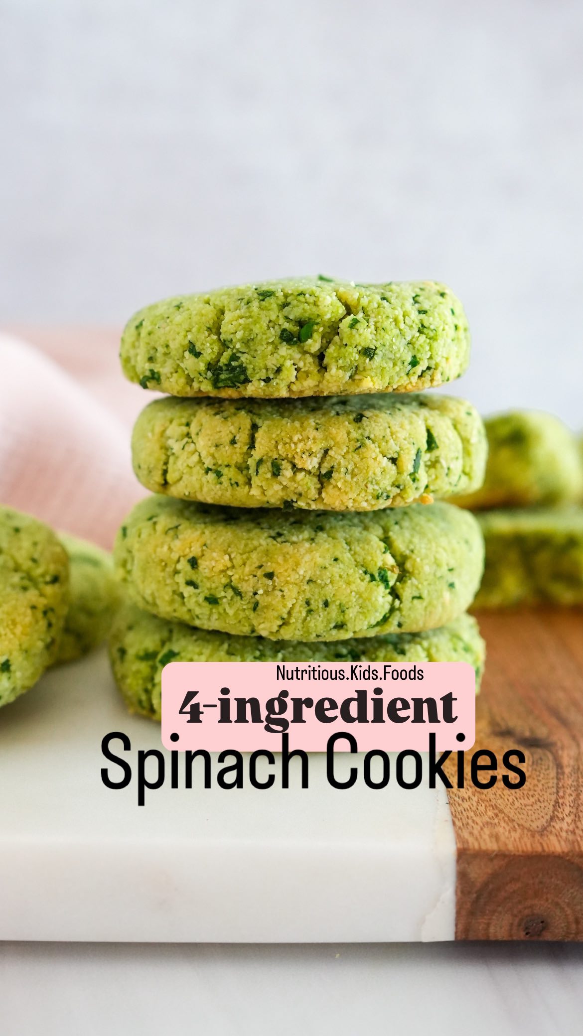 Spinach Cookies, easy to make and only 4 ingredients.

I remember wanting a nutrient-dense snack for my son (who was a young toddler then) with a leafy green. I couldn’t find one so I created my own. I recall when I first started recipe testing for these cookies, I wanted the cookies to contain spinach and to have a nutritious flour base. As a result, I went with almond flour. After many attempts, this was the recipe I came up with. 

Ingredients:
🍪1 1/2 cups almond flour
🍪1 cup packed spinach, washed and thoroughly dried
🍪2 tablespoons maple syrup
🍪2 tablespoons of oil, I used avocado oil

Instructions:
Preheat the oven to 350 F.
To a food processor, add the almond flour and the spinach. Pulse or blend until the spinach is cut into fine pieces. Transfer the almond flour/spinach mixture to a bowl and set it aside.
To prepare the wet ingredients, add the oil and the maple syrup to a small bowl. Using a fork, whisk until combined. Add the oil/maple syrup mixture to your dry ingredients. Stir with a fork or a spoon until the mixture comes together. The dough should stick together when pressed between your fingers and not fall apart.
Line a baking sheet with unbleached parchment paper. Using a spoon or a cookie scoop, add 1 1/2 tablespoons of the cookie dough to the baking sheet.
Squeeze a couple times to bind and form it into a cookie. Then transfer to the baking sheet.
There aren’t any leveling agents in these cookies so the thickness of the cookies depends on how they are formed. Bake for 12-15 minutes (depending on the size of the cookies) or until they are done and the bottom of the cookie starts to turn a golden color.
Transfer them to a wire rack to cool.
Enjoy.

#kidsfood #kidsfoodideas #easyrecipes #healthykidsfood #healthykids #kidfriendlyfood #toddlerfoodideas #toddlerfood #kidfriendly #healthytoddlerfood #toddlersnacks #toddlersnackideas #easytoddlermeals #simplesnack #healthysnackideas #healthysnacksforkids #kidsrecipes #toddlerrecipes #kidssnacks